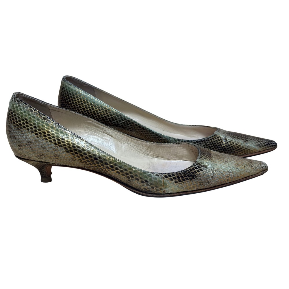 Jimmy Choo Metallic Snakeskin Kitten Heels Green Gold Pointed Toe Pumps 36.5